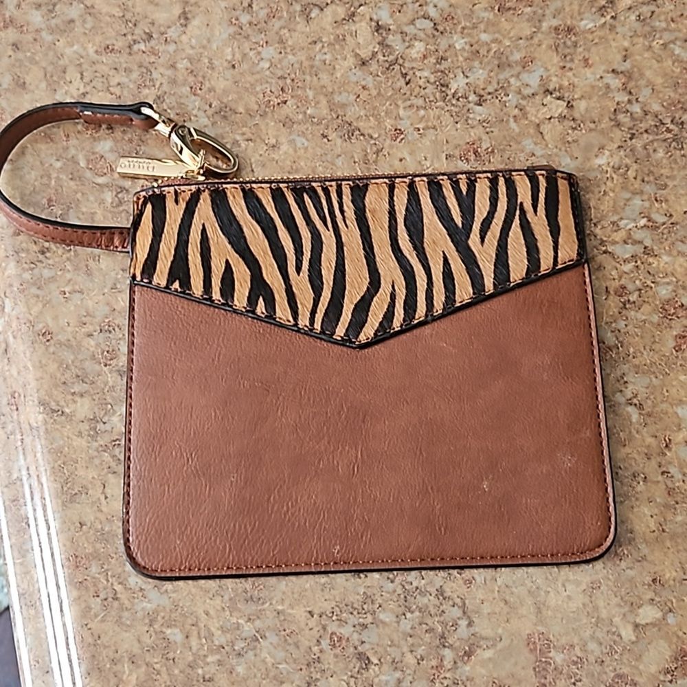 Dune London tan leather zebra calf hair zip wristlet wallet